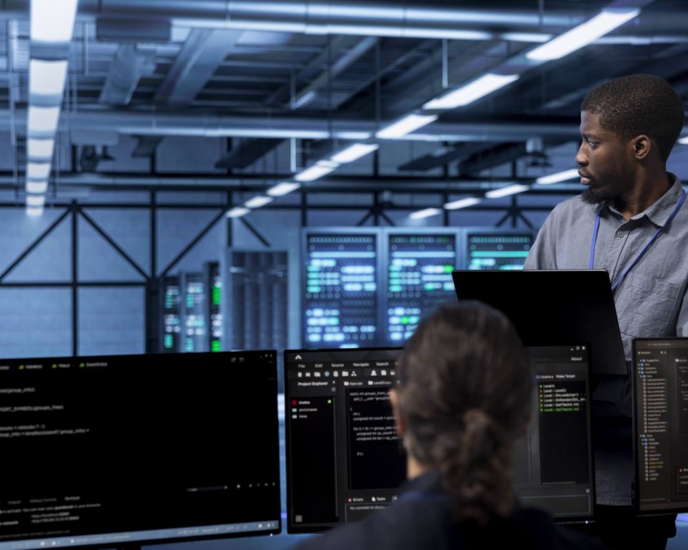 African american man doing routine maintenance in data center to extend equipment life span and avoid downtime. Employee monitoring supercomputers for issues such as overheating or power fluctuations