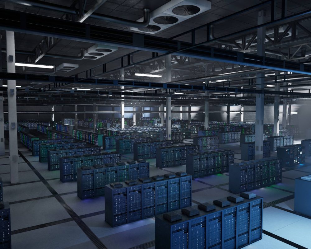 Dimly lit facility running deep learning platforms and neural networks training in dark environment. Server systems handling massive datasets for machine learning, 3D rendering